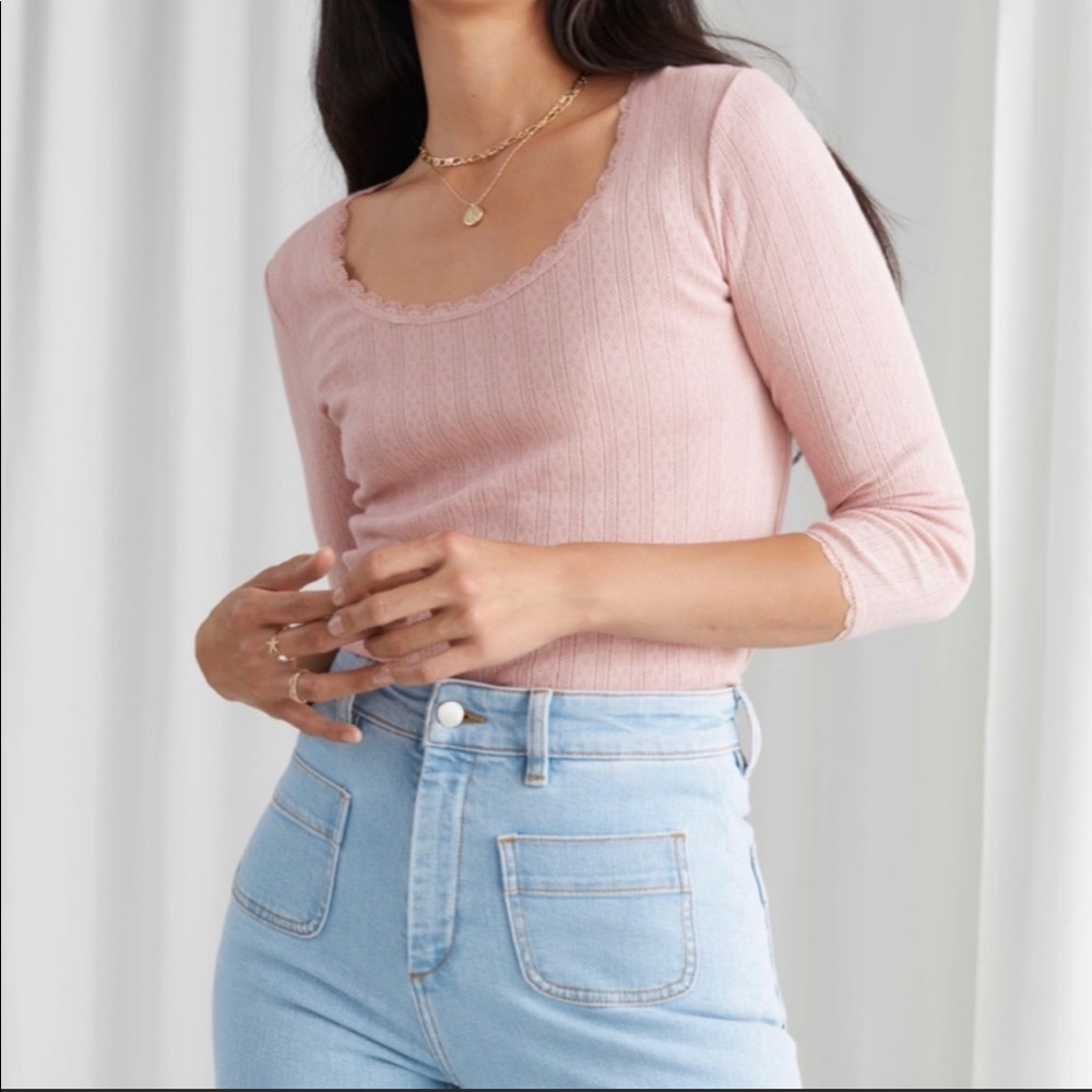 Paris Atelier 3/4 sleeve pink pointelle ribbed tee